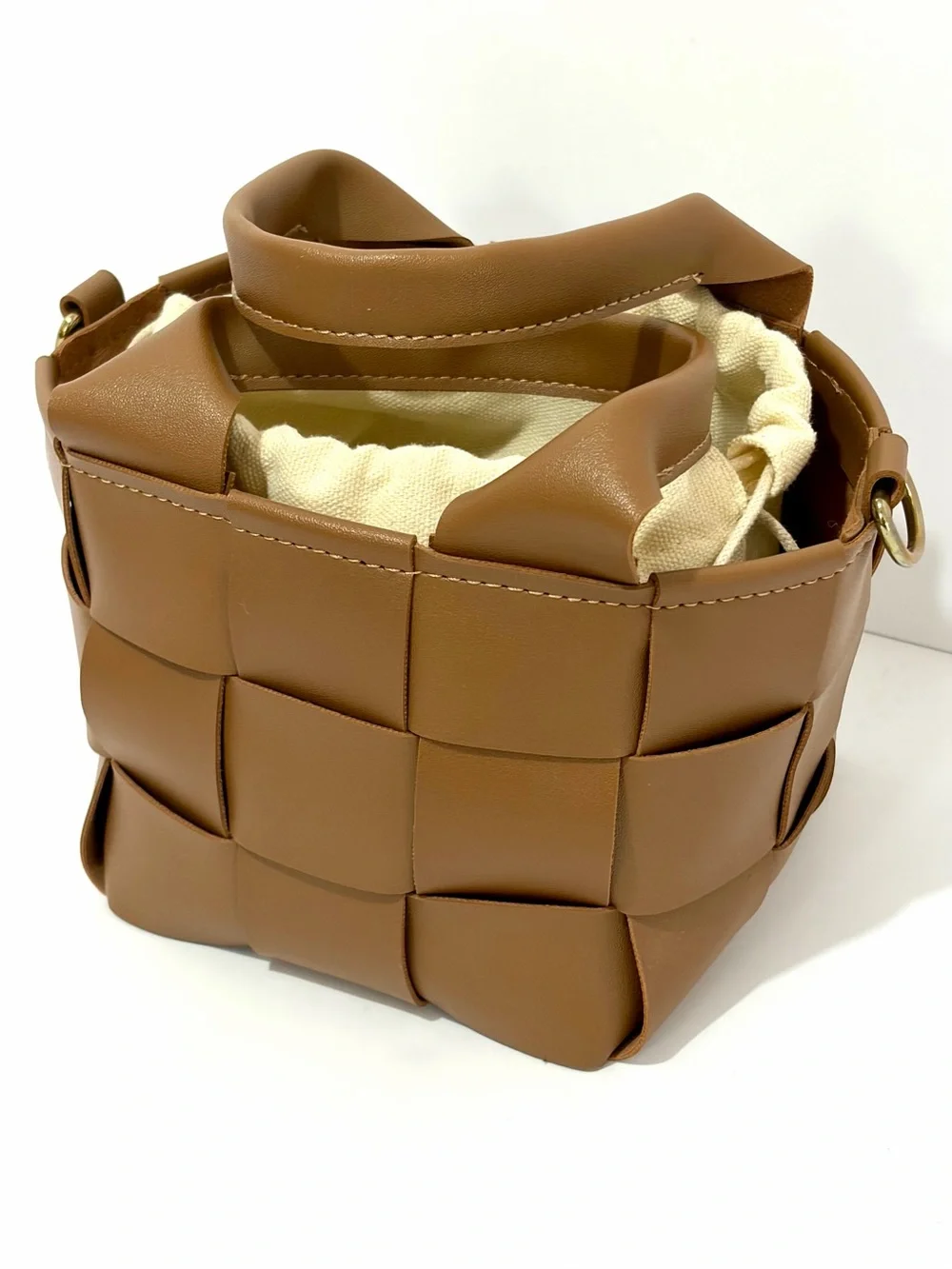 Woven Tan Mini Tote Bag with Cream Liner W/O Crossbody Strap